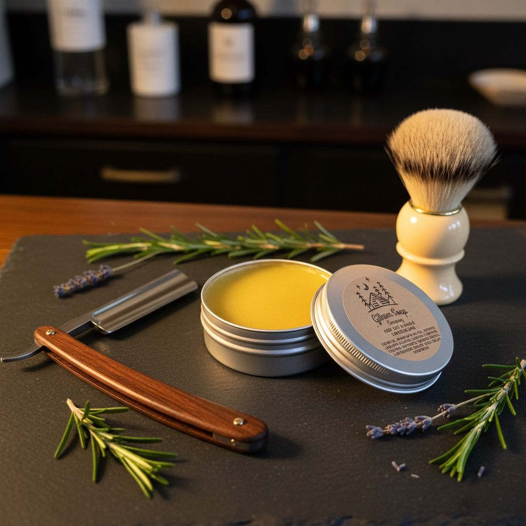 Hair Cut & A Shave soap in silver tin with straight razor and shaving brush