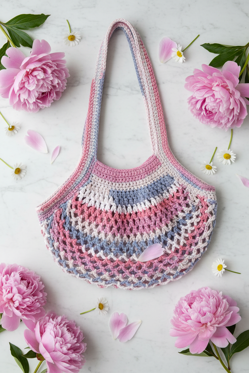 Pink and blue variegated crochet market bag flat lay with spring flowers on marble surface