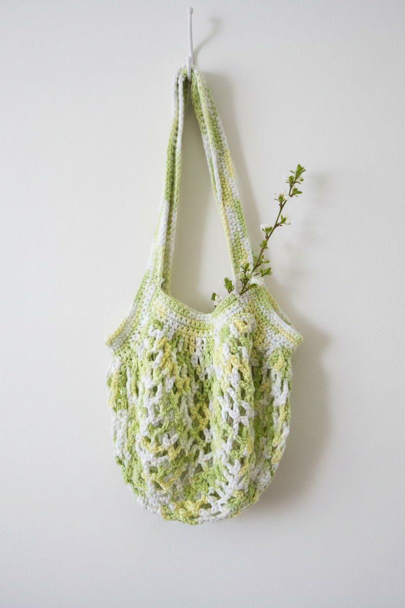 Green and white variegated crochet market bag hanging on a clean white wall