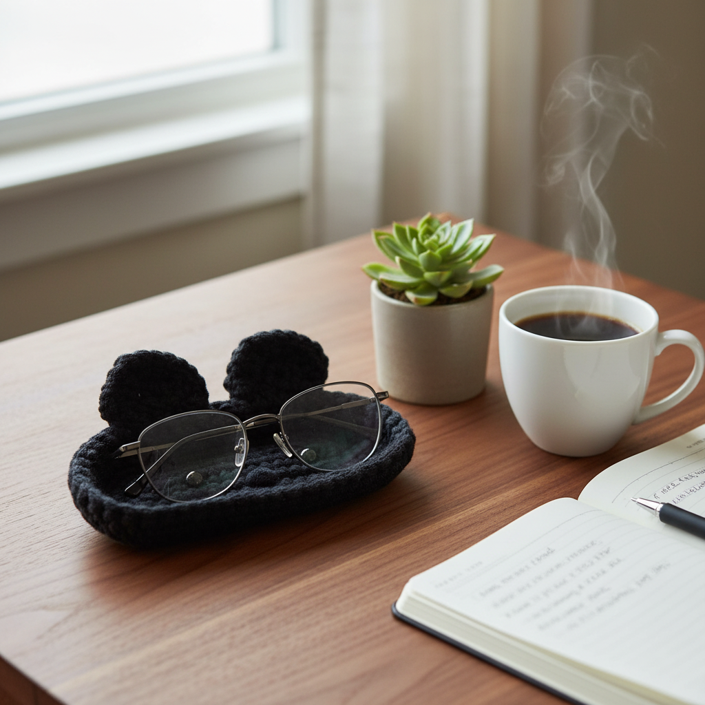 Handcrafted charcoal grey bear crochet eyeglasses holder on a walnut desk with succulent, coffee and notebook