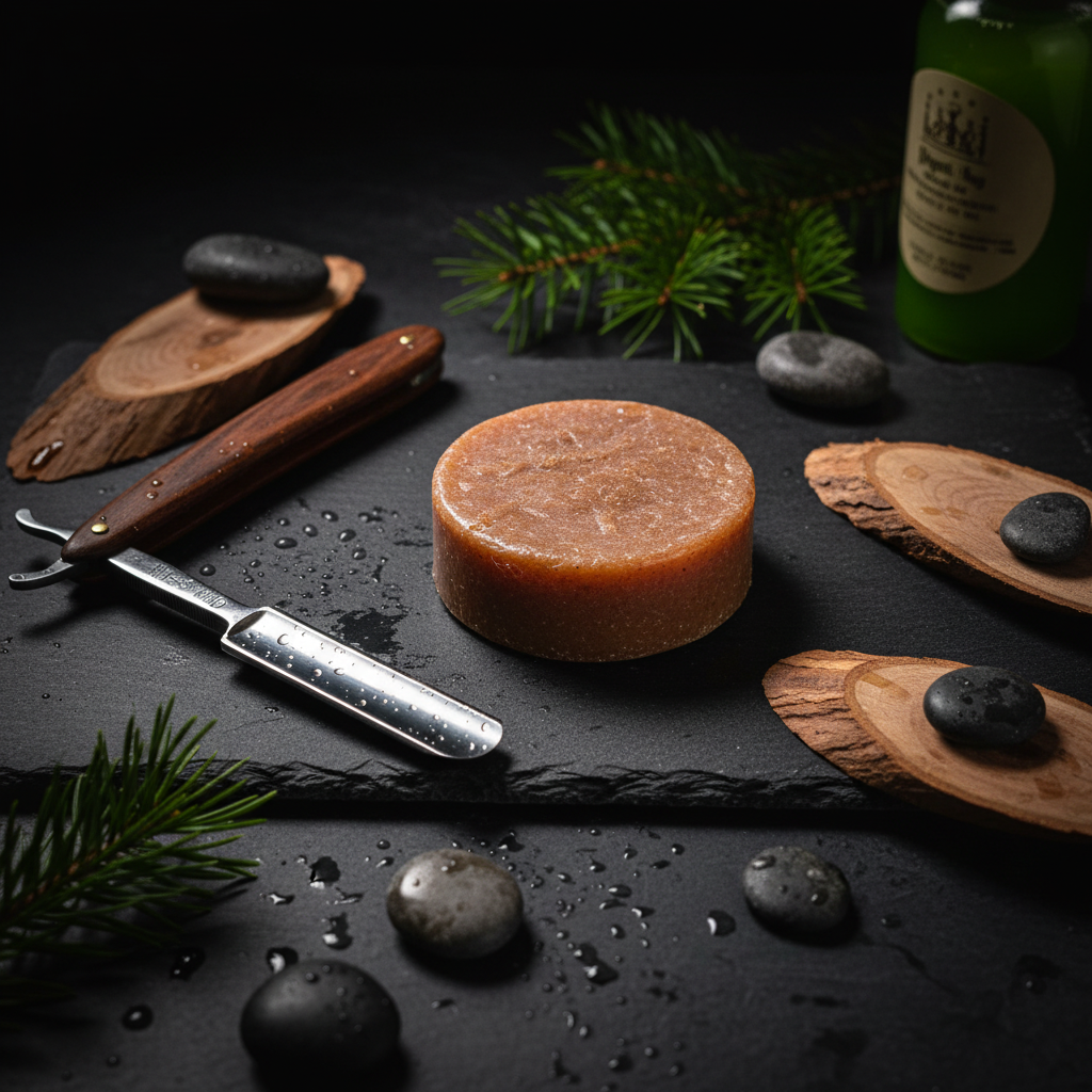 Men's Savage loofah shave soap bar on dark slate with straight razor and cedar wood